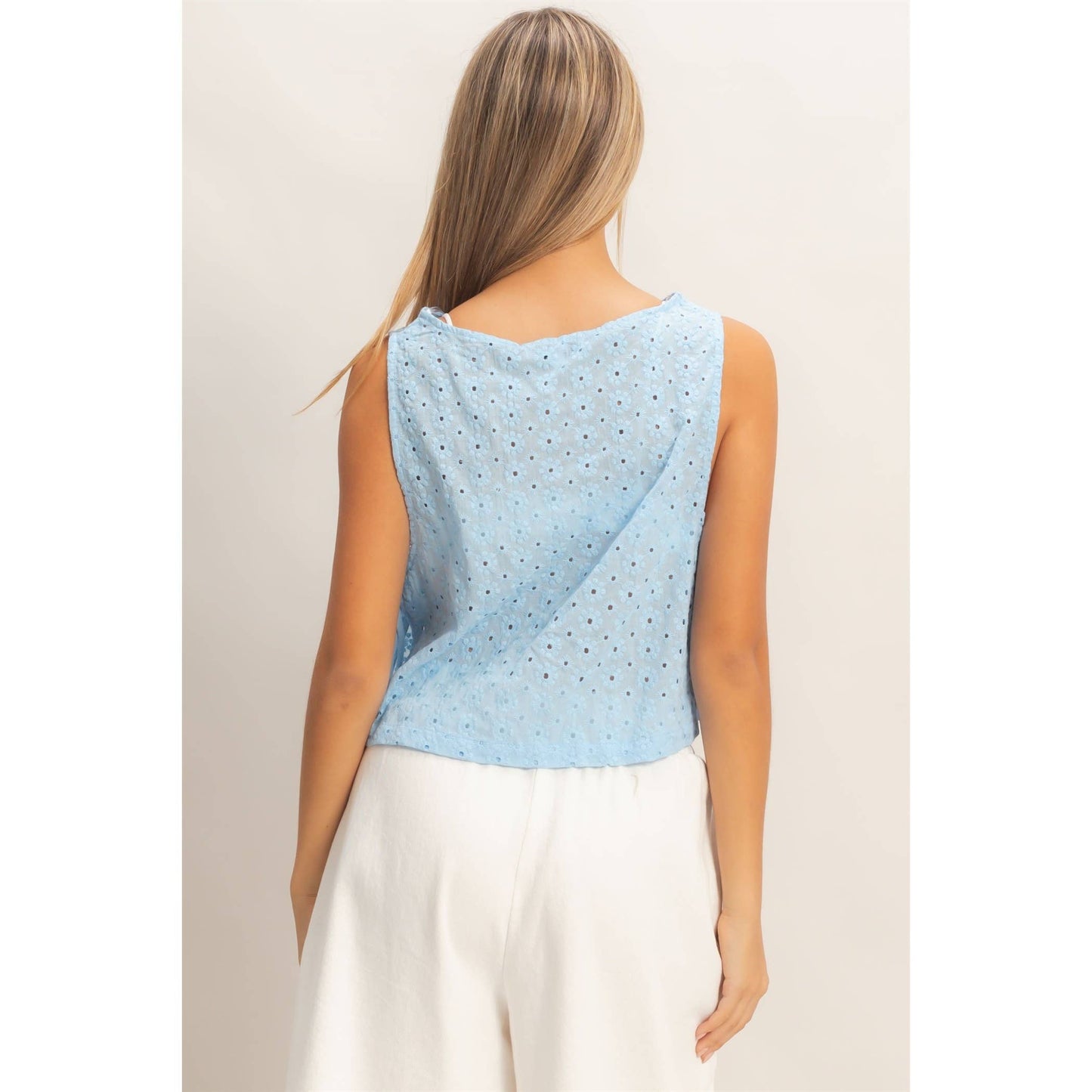 Sleeveless Textured Eyelet Top With Side Straps