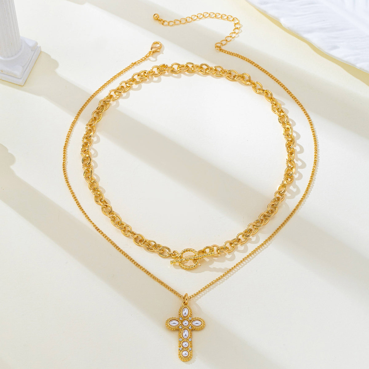 Gold-Tone Chain Pearl Cross Layered Necklace Set