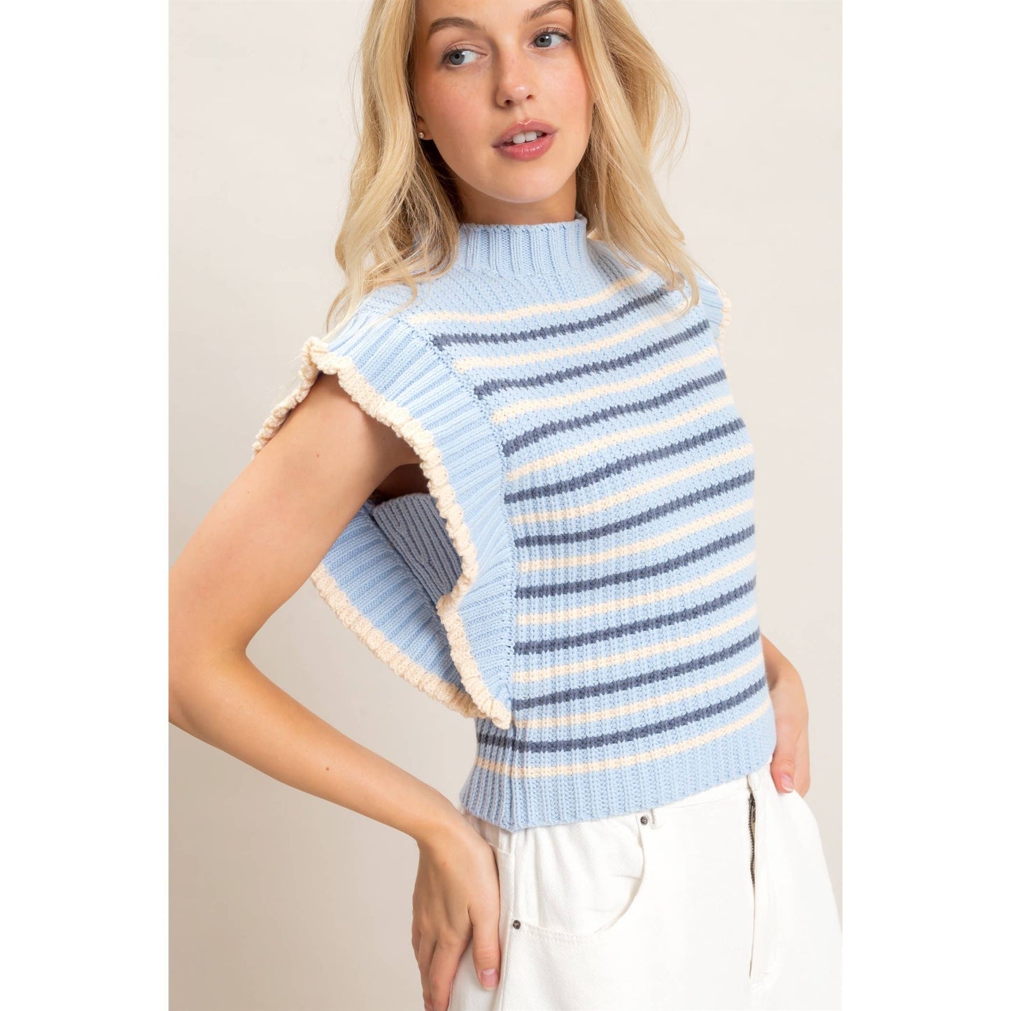 Ribbed Ruffle Sleeve Sweater