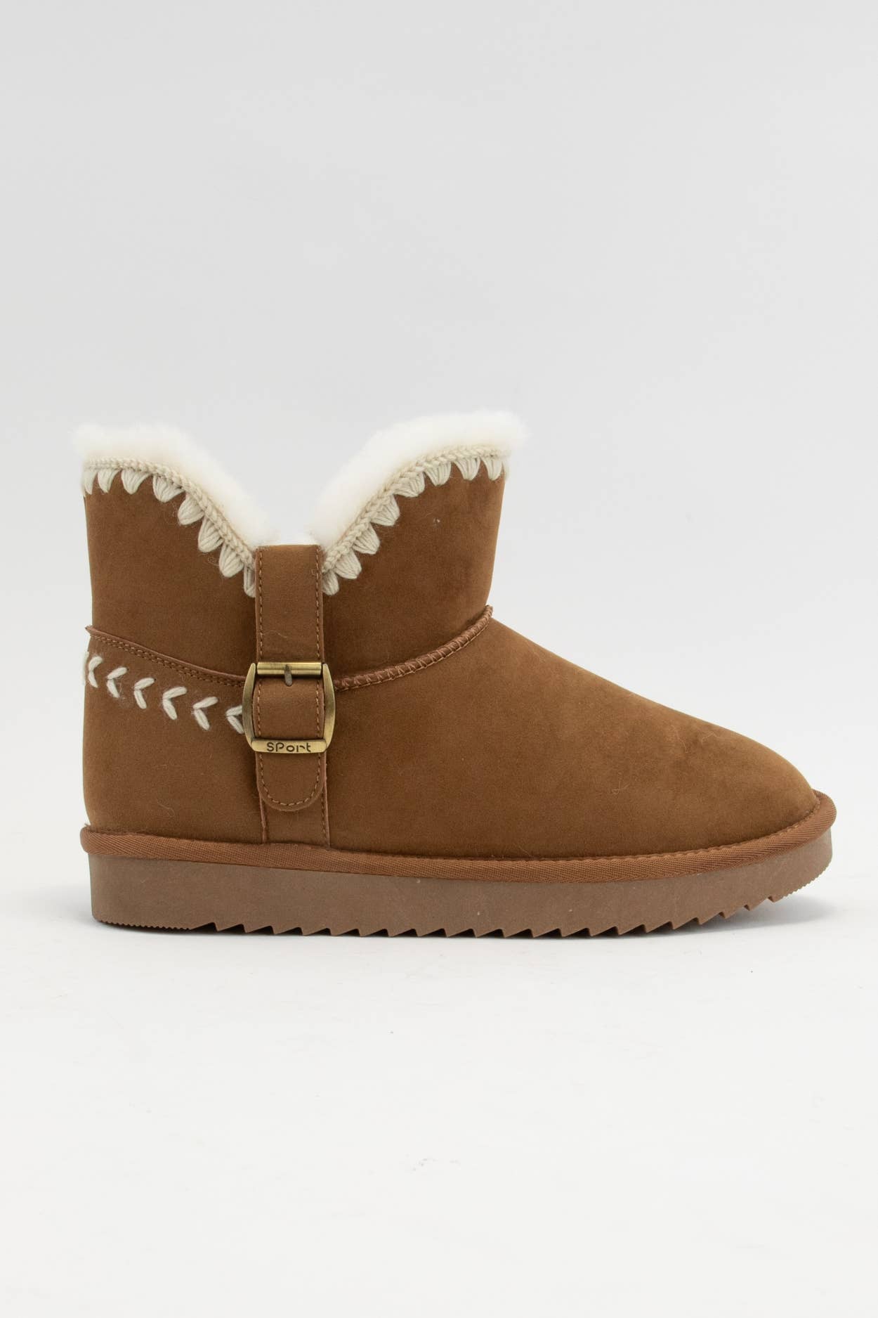 LANA SHERPA STYLE BOOT WITH BUCKLE AND CROCHET STICHING
