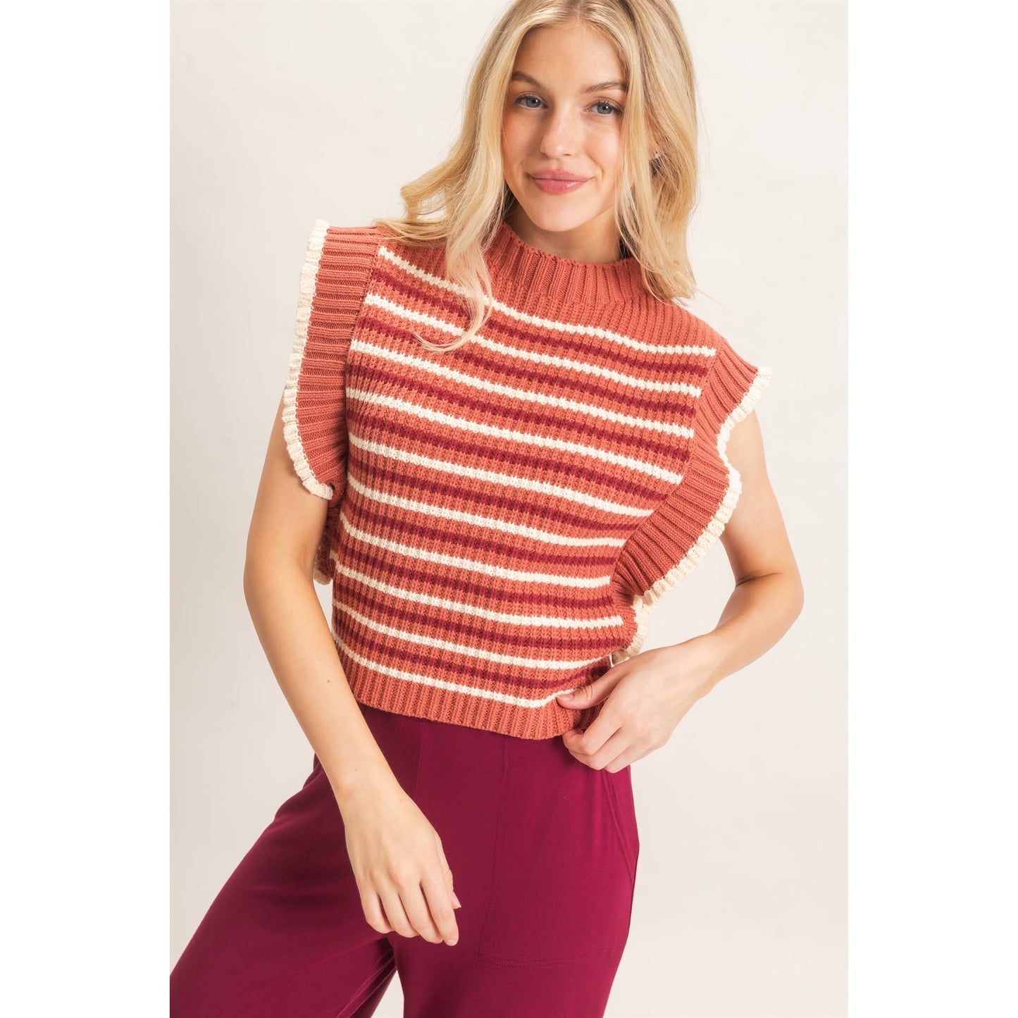 Ribbed Ruffle Sleeve Sweater