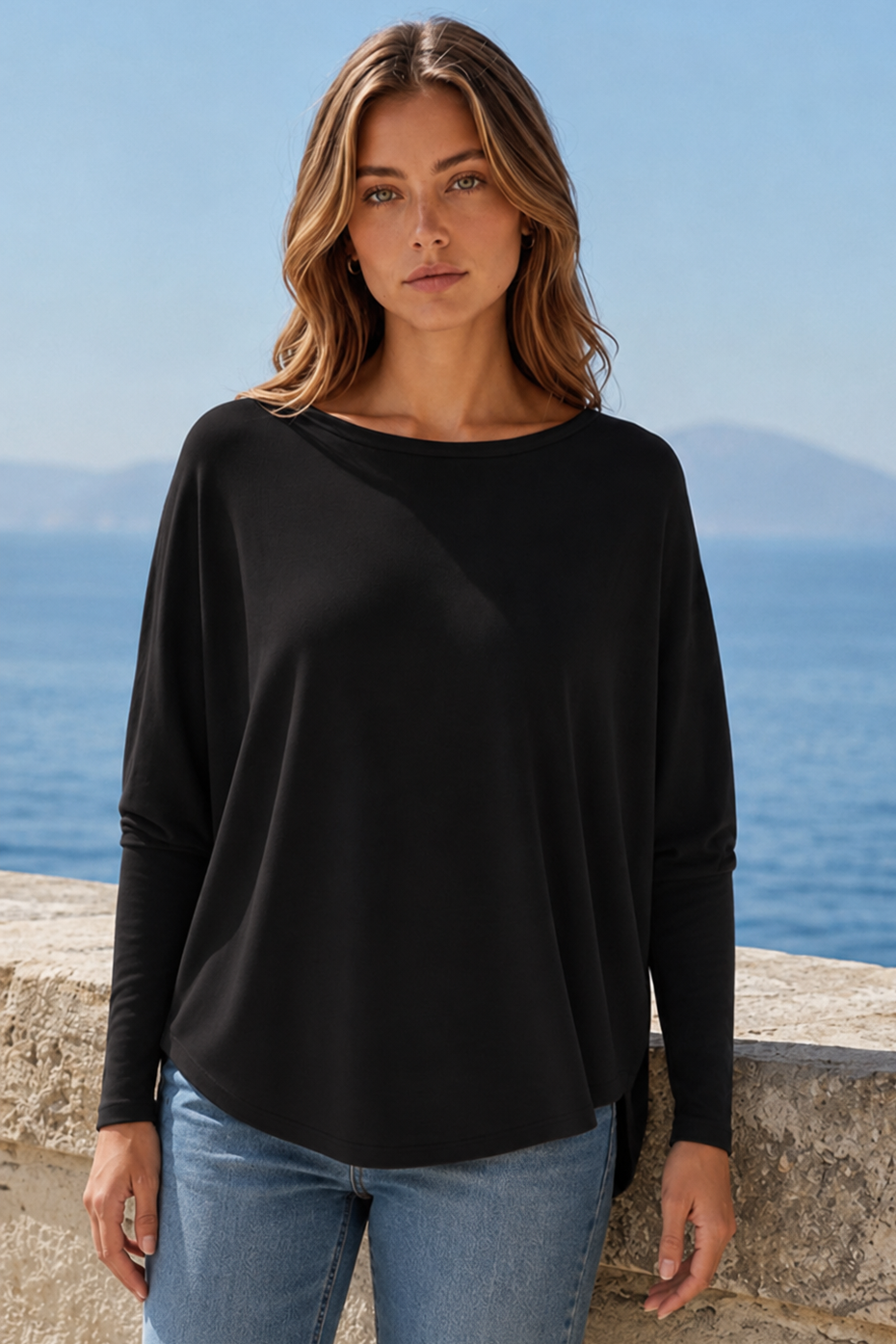Drop Shoulder Round Hem Long Sleeve Top