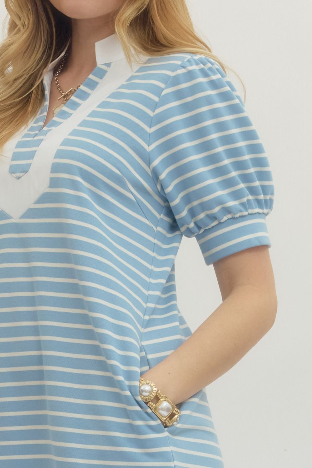 Solid Stripe Short Puff Mini Dress