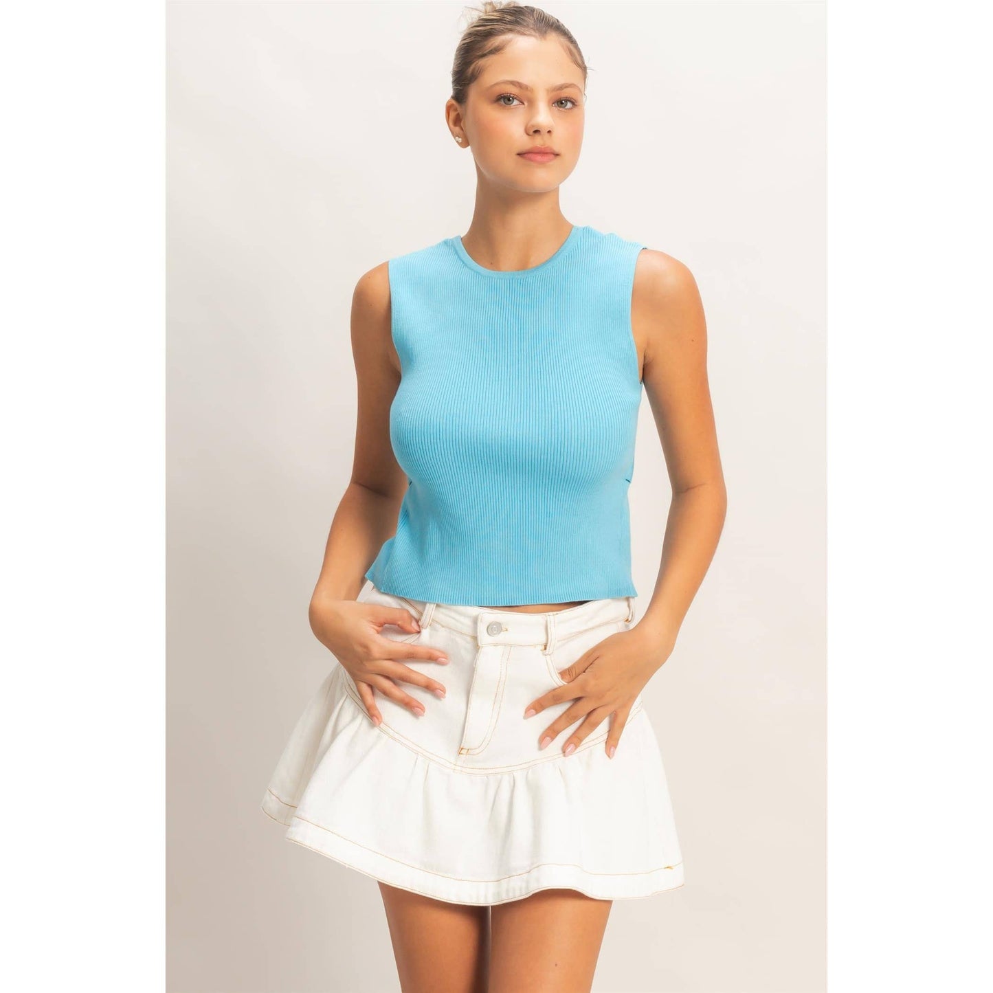 Ribbed Crew Neck Sleeveless Open Back Top