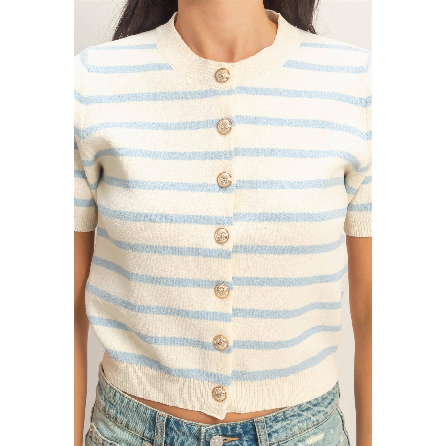 Striped Short Sleeve Button Up Cardigan