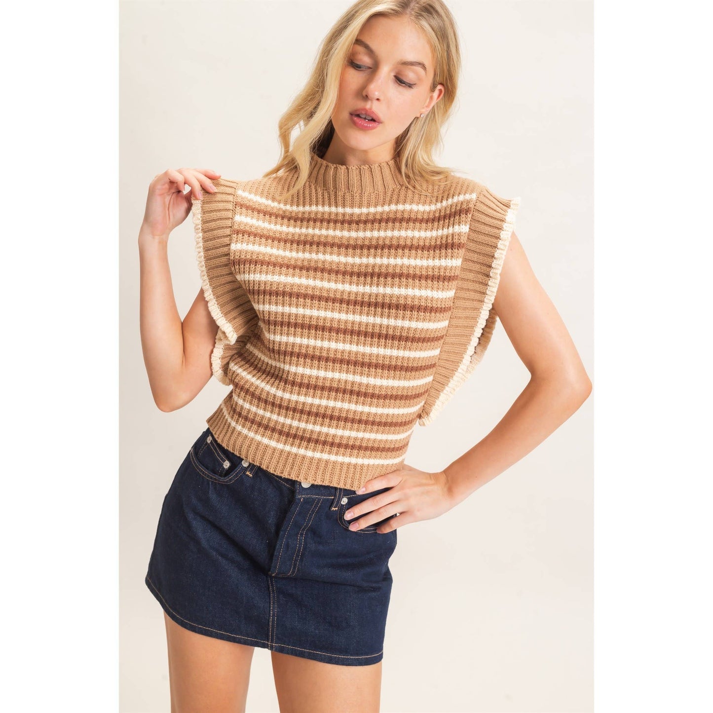Ribbed Ruffle Sleeve Sweater
