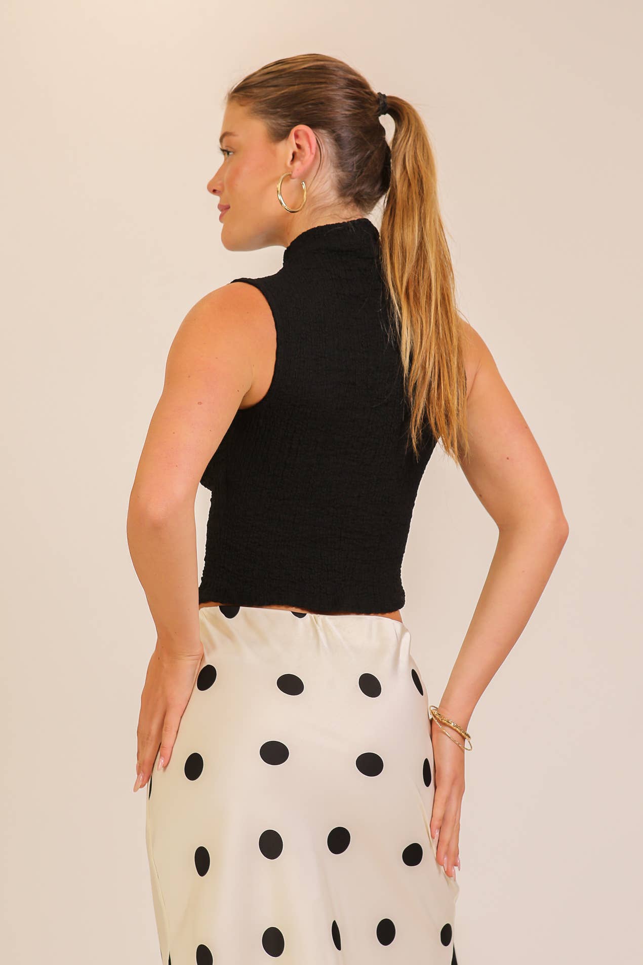 Textured Mock Neck Pointed Hem Top