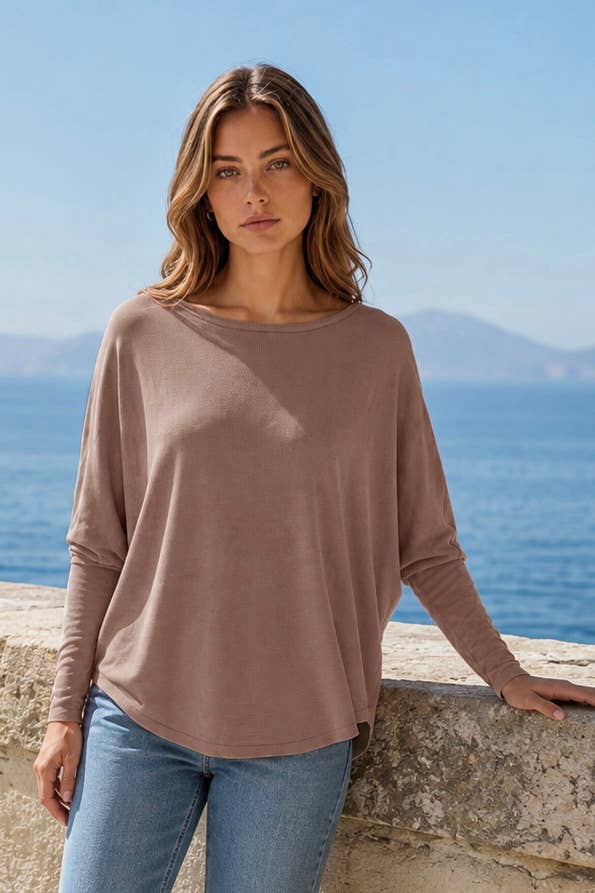 Drop Shoulder Round Hem Long Sleeve Top