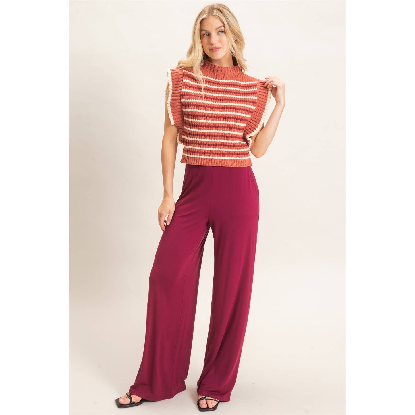 Ribbed Ruffle Sleeve Sweater