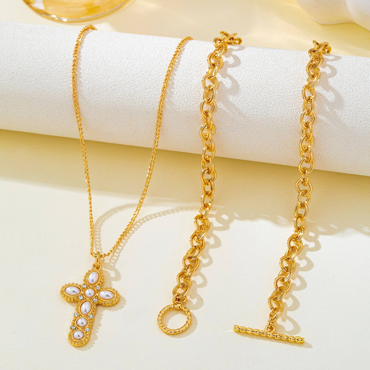 Gold-Tone Chain Pearl Cross Layered Necklace Set