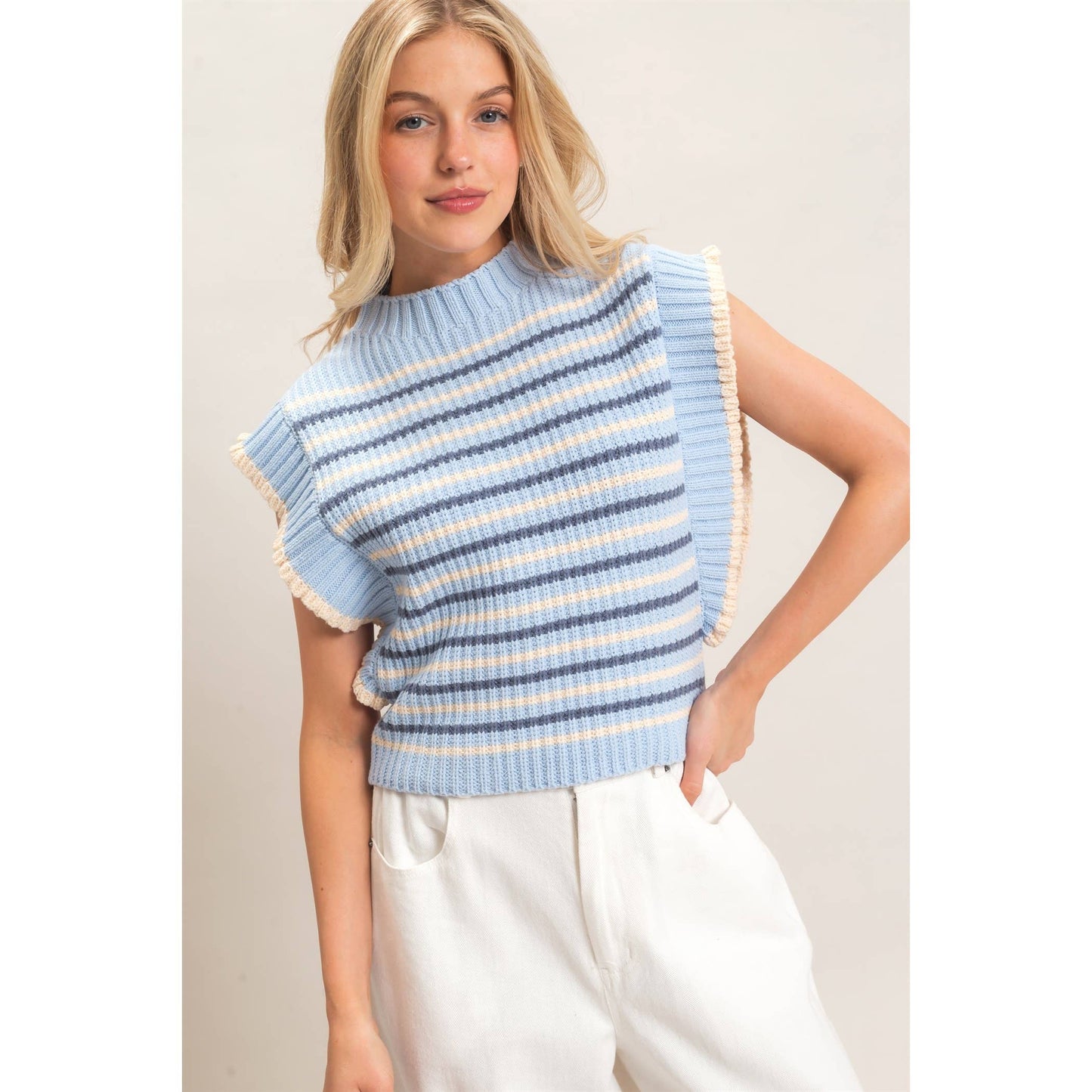 Ribbed Ruffle Sleeve Sweater