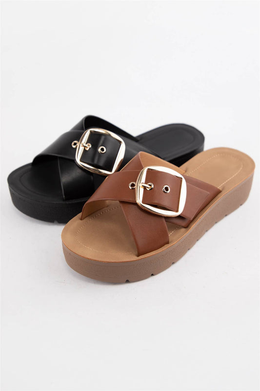 Buckle Crisscross Upper Semi Platform Sandals