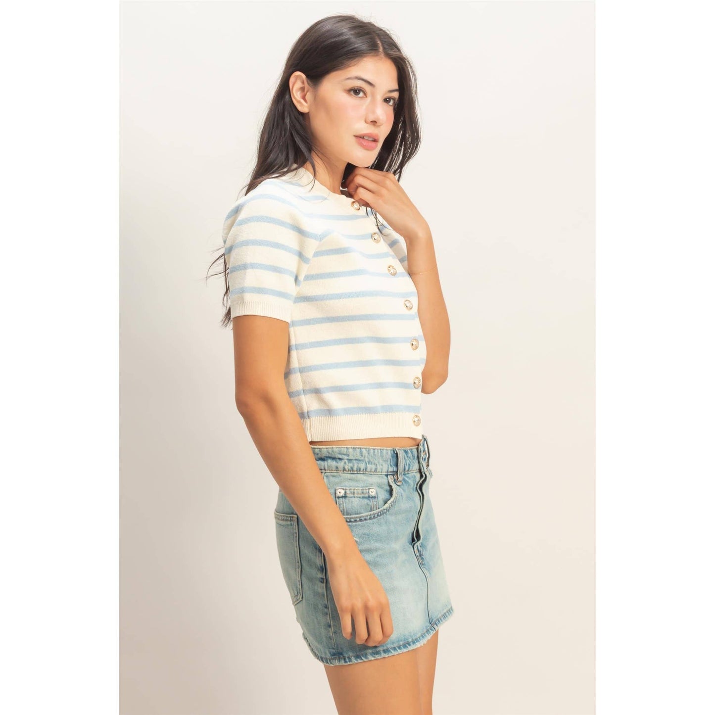 Striped Short Sleeve Button Up Cardigan