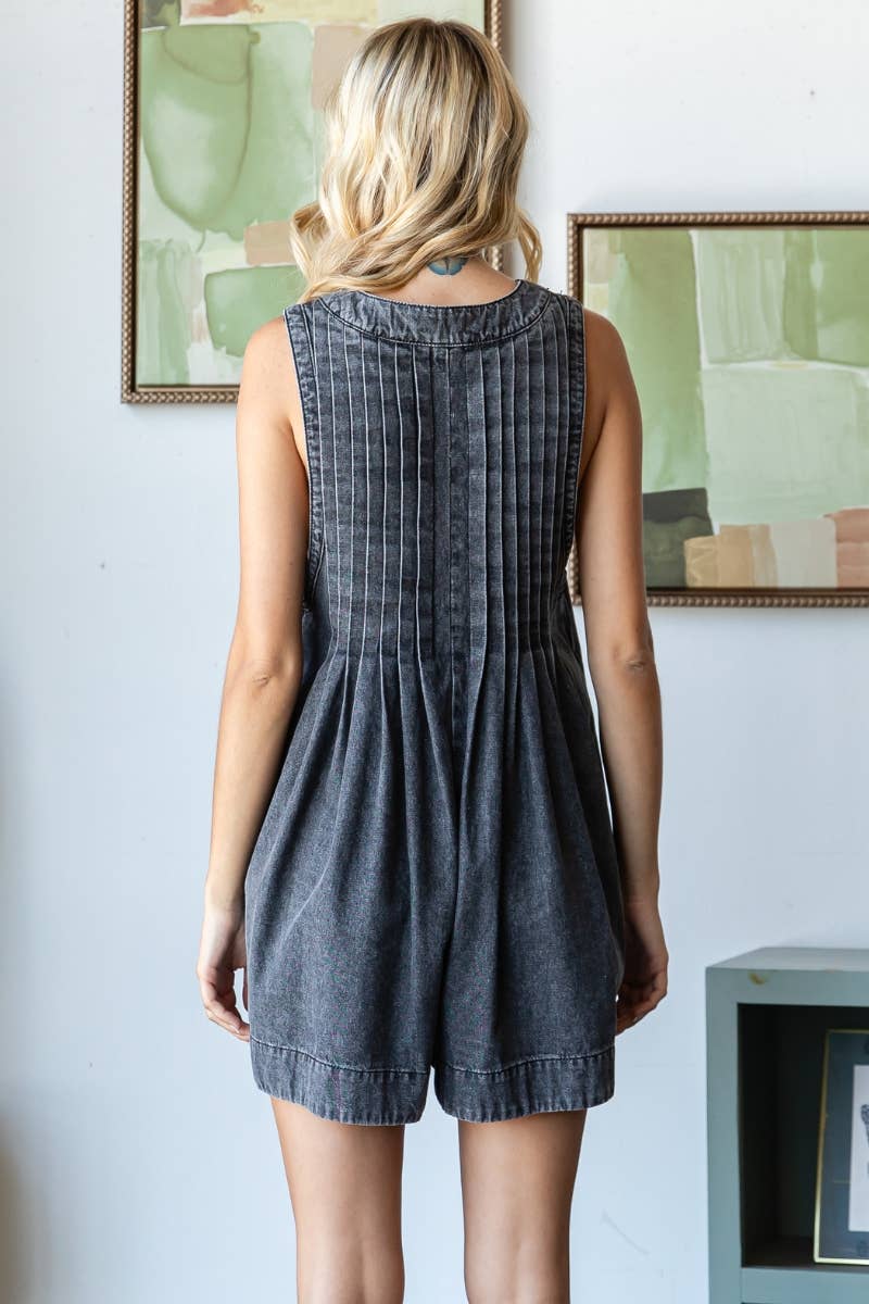 Front Pleated V Neck Sleeveless Denim Romper