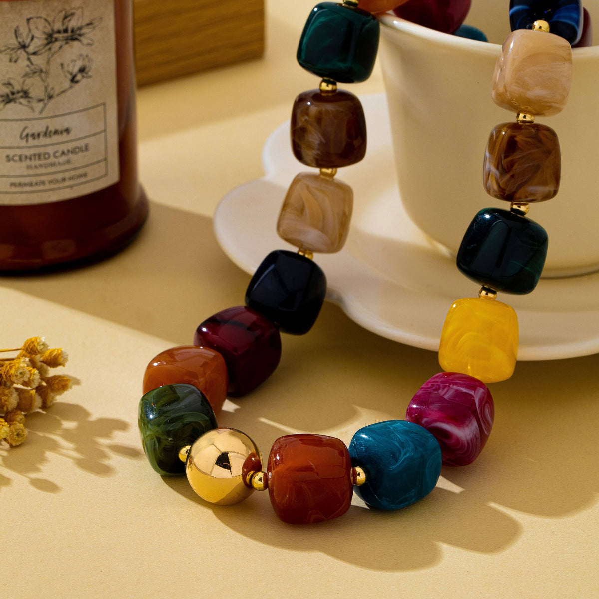 Multicolor Marbled Resin Bead Statement Necklace