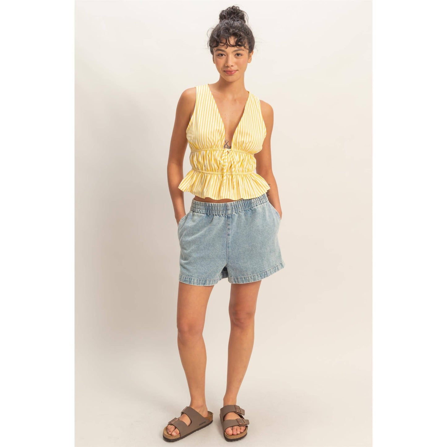 Striped Tie Front Peplum Sleeveless Top