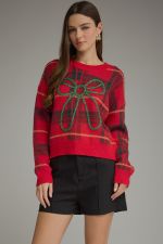 Plaid long sleeve sweater top with bow