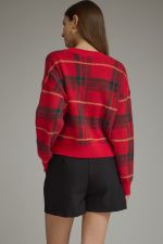 Plaid long sleeve sweater top with bow