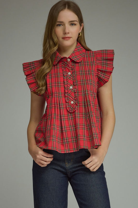Plaid ruffle sleeve top