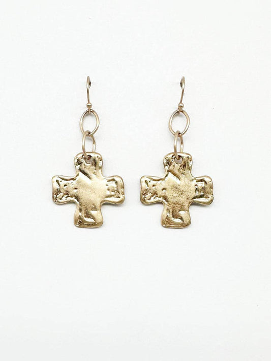 Gold Hammered Cross Earrings