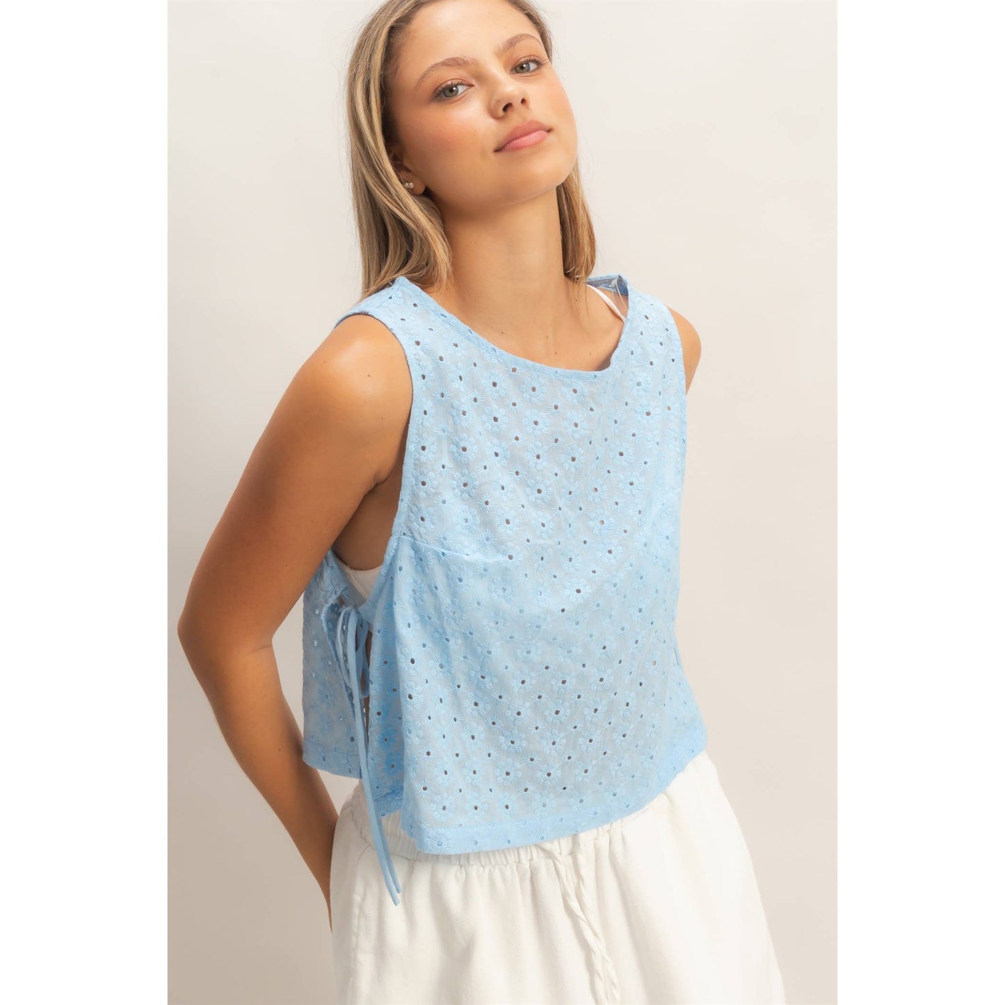 Sleeveless Textured Eyelet Top With Side Straps