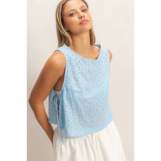 Sleeveless Textured Eyelet Top With Side Straps