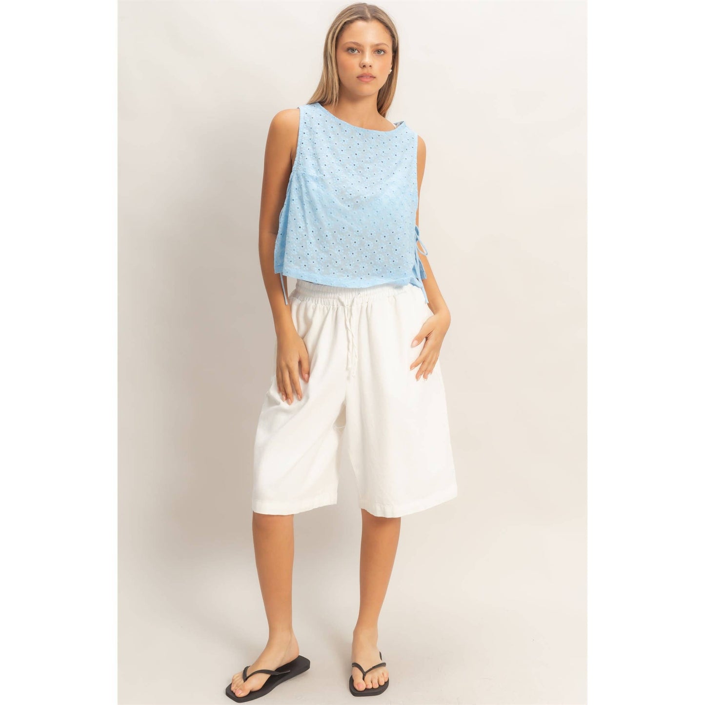 Sleeveless Textured Eyelet Top With Side Straps