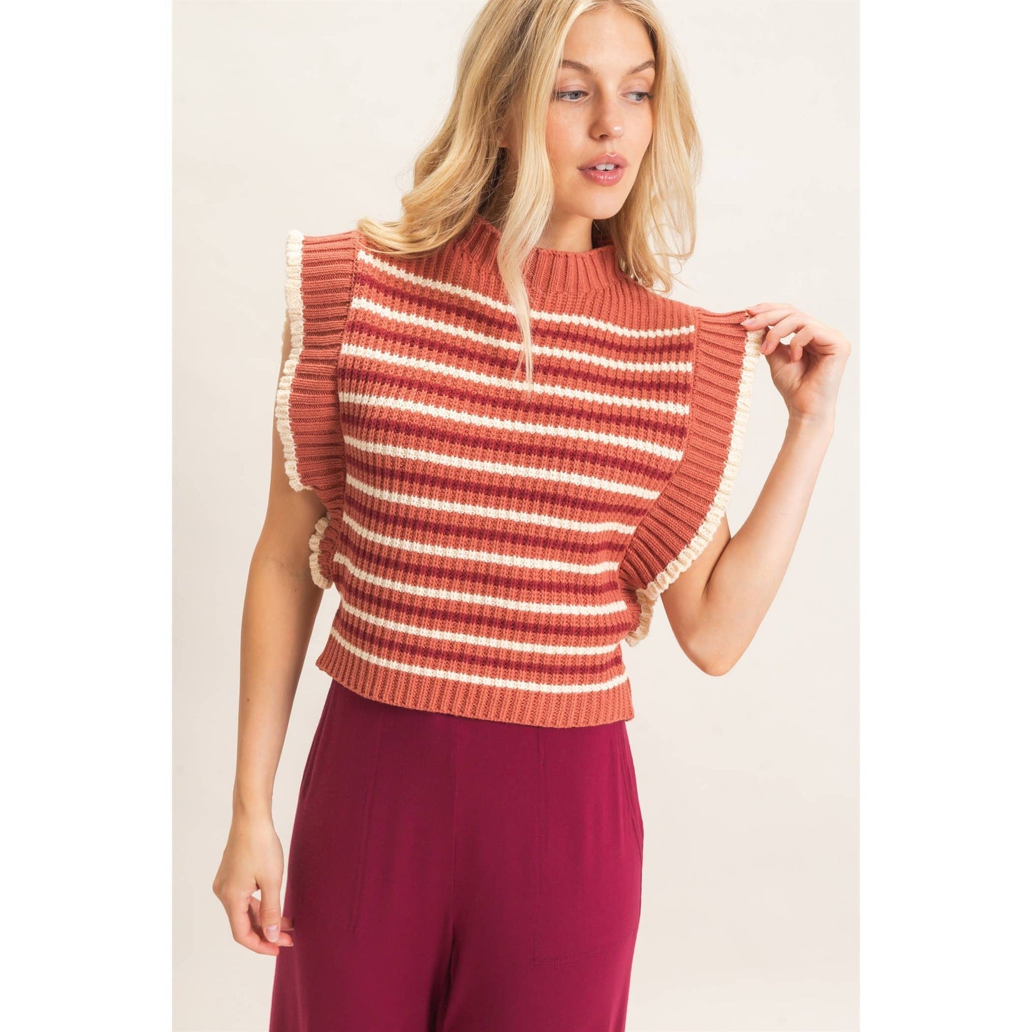 Ribbed Ruffle Sleeve Sweater
