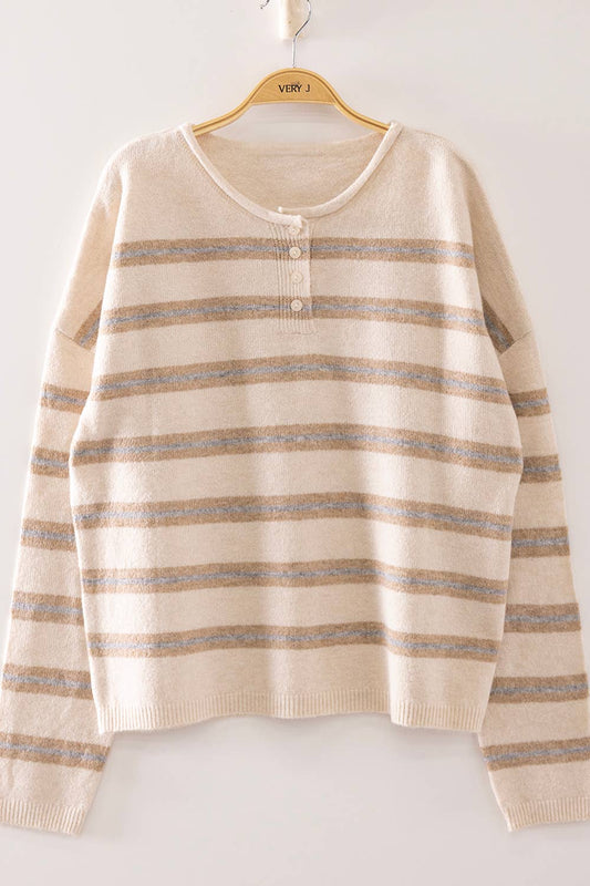 Cozy Stripe Button Knit Sweater