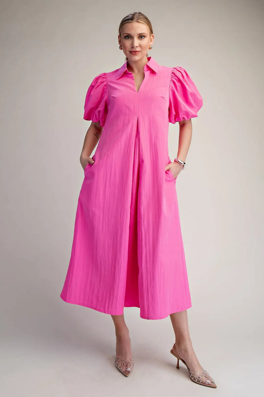 Collar V-Neck Puff Sleeve Pleated Midi Dress
