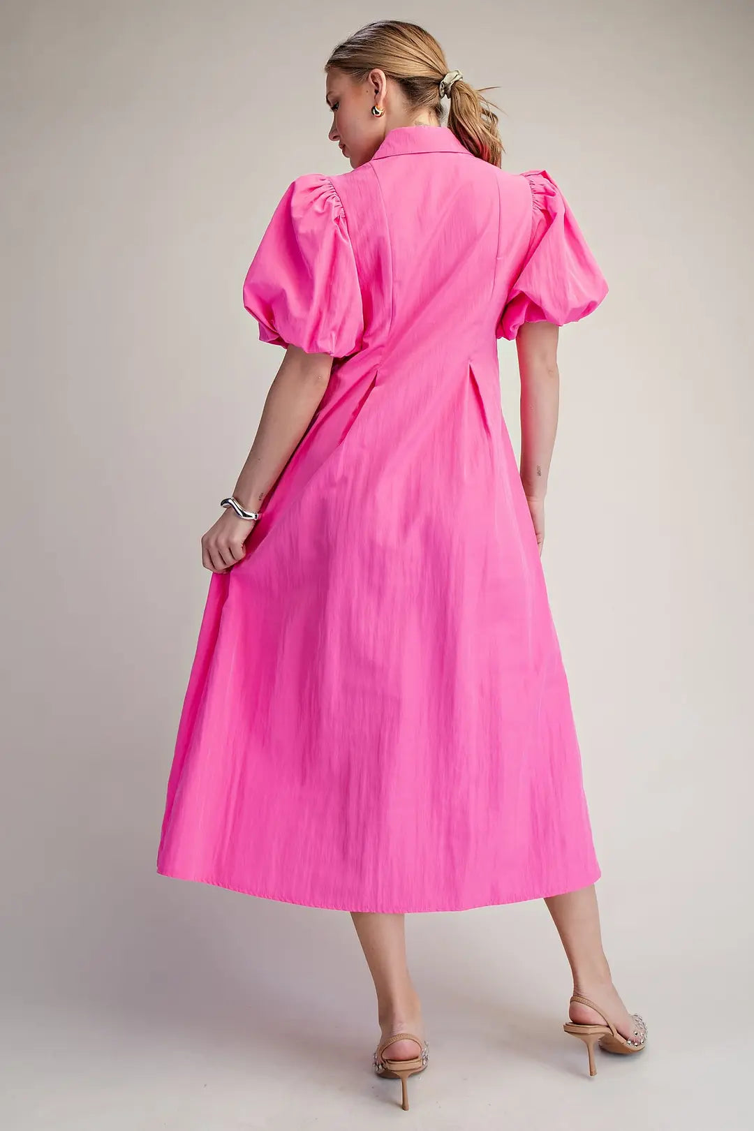 Collar V-Neck Puff Sleeve Pleated Midi Dress