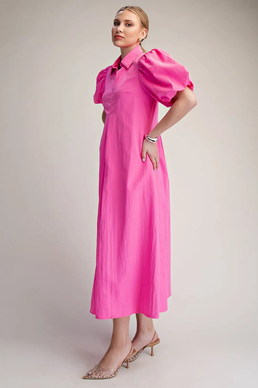 Collar V-Neck Puff Sleeve Pleated Midi Dress