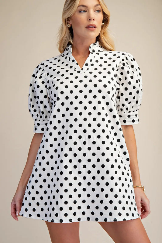 Ruffle V-Neck Puff Sleeve Polka Dot Mini Dress