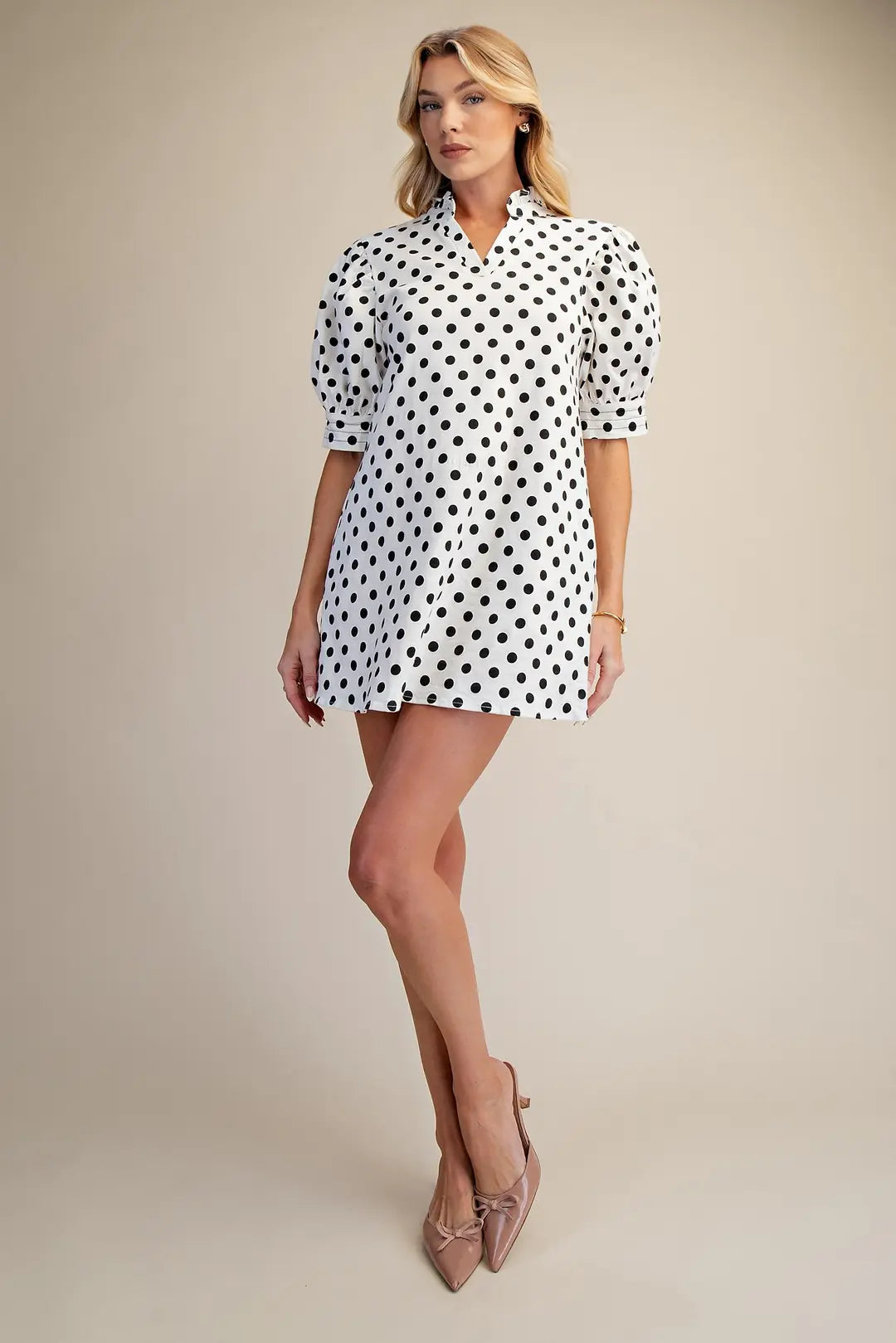 Ruffle V-Neck Puff Sleeve Polka Dot Mini Dress