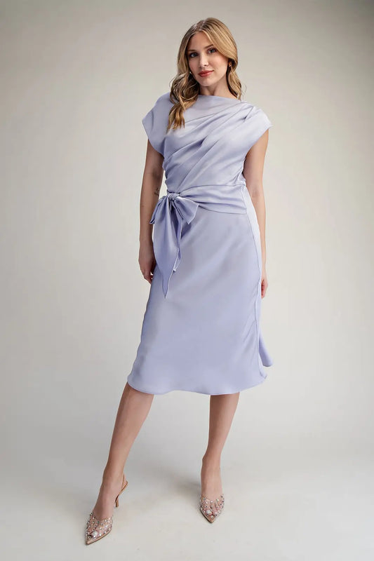 Asymmetrical Neck Waist Tie Midi Dress