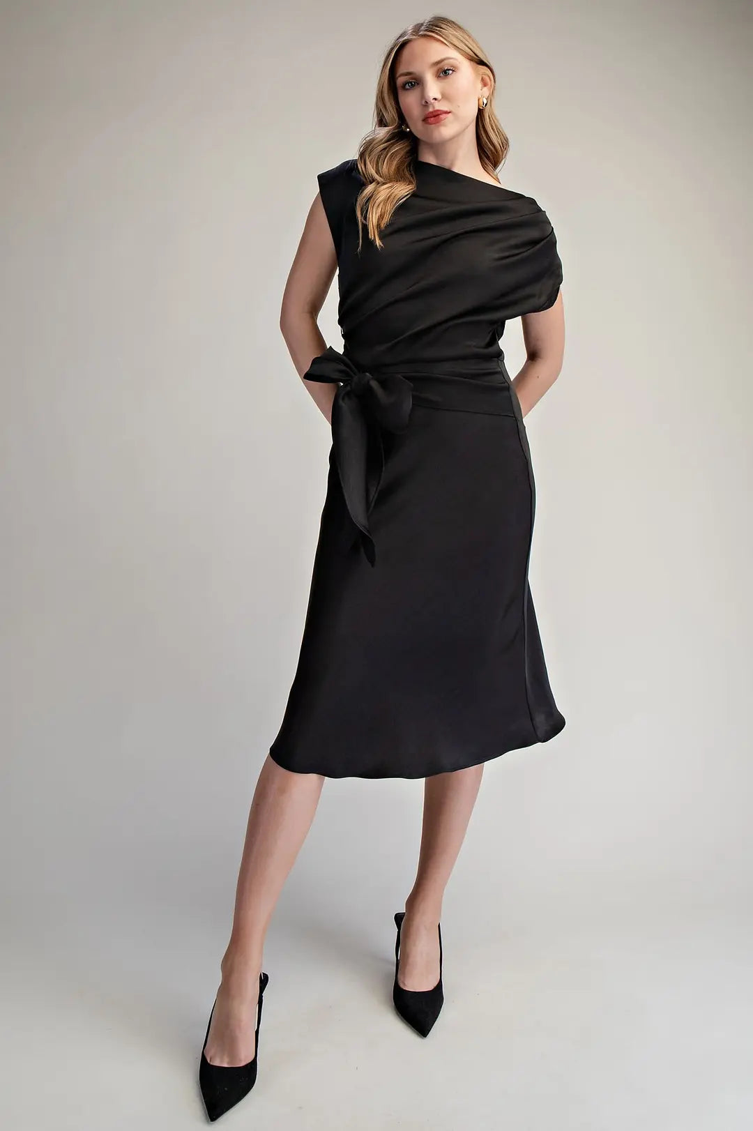 Asymmetrical Neck Waist Tie Midi Dress