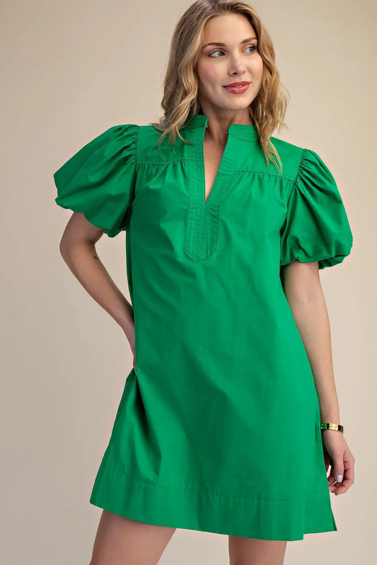 V-Neck Bubble Sleeve Mini Dress