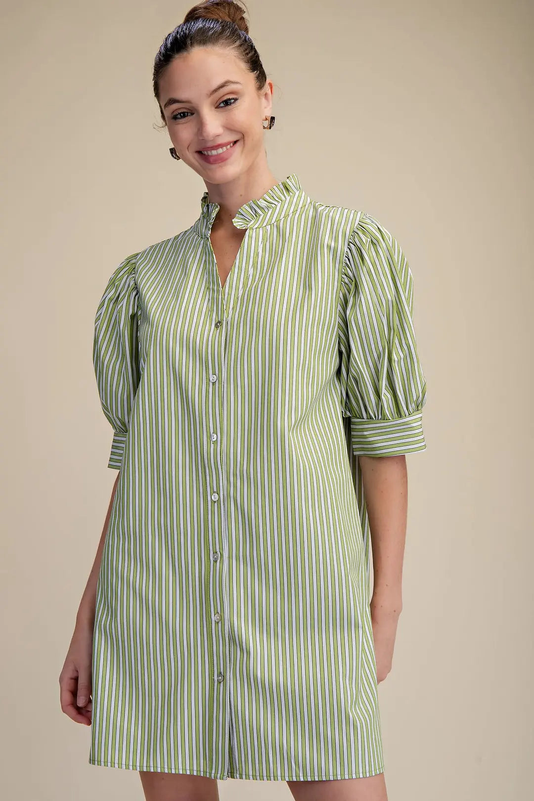 Ruffle V-Neck Puff Sleeve Stripe Mini Dress