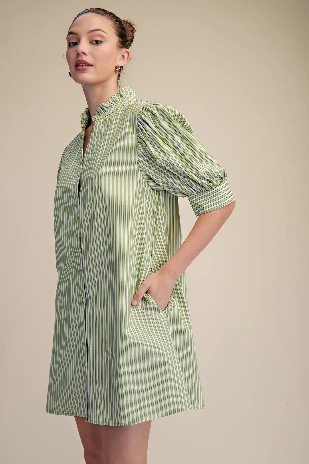 Ruffle V-Neck Puff Sleeve Stripe Mini Dress