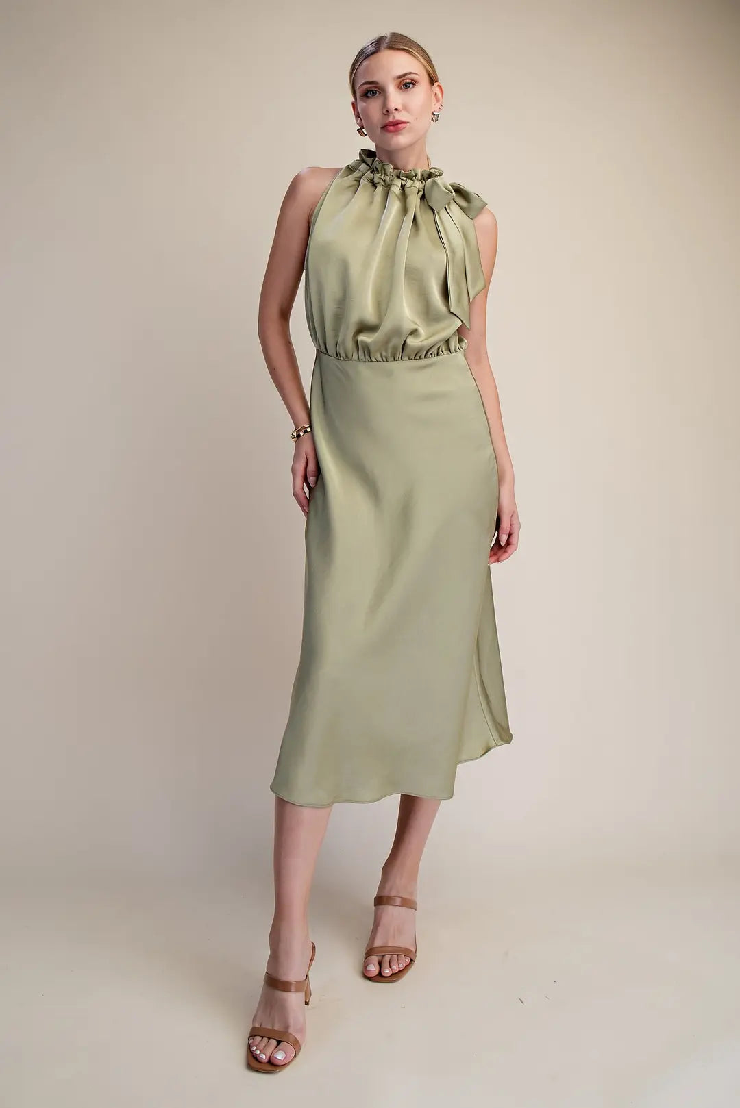 Sleeveless Midi Dress With Ruffle Tie Neck