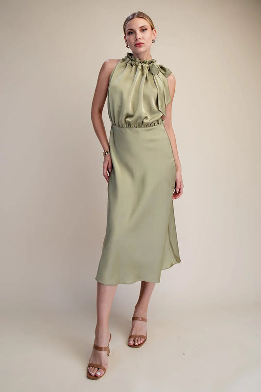 Sleeveless Midi Dress With Ruffle Tie Neck