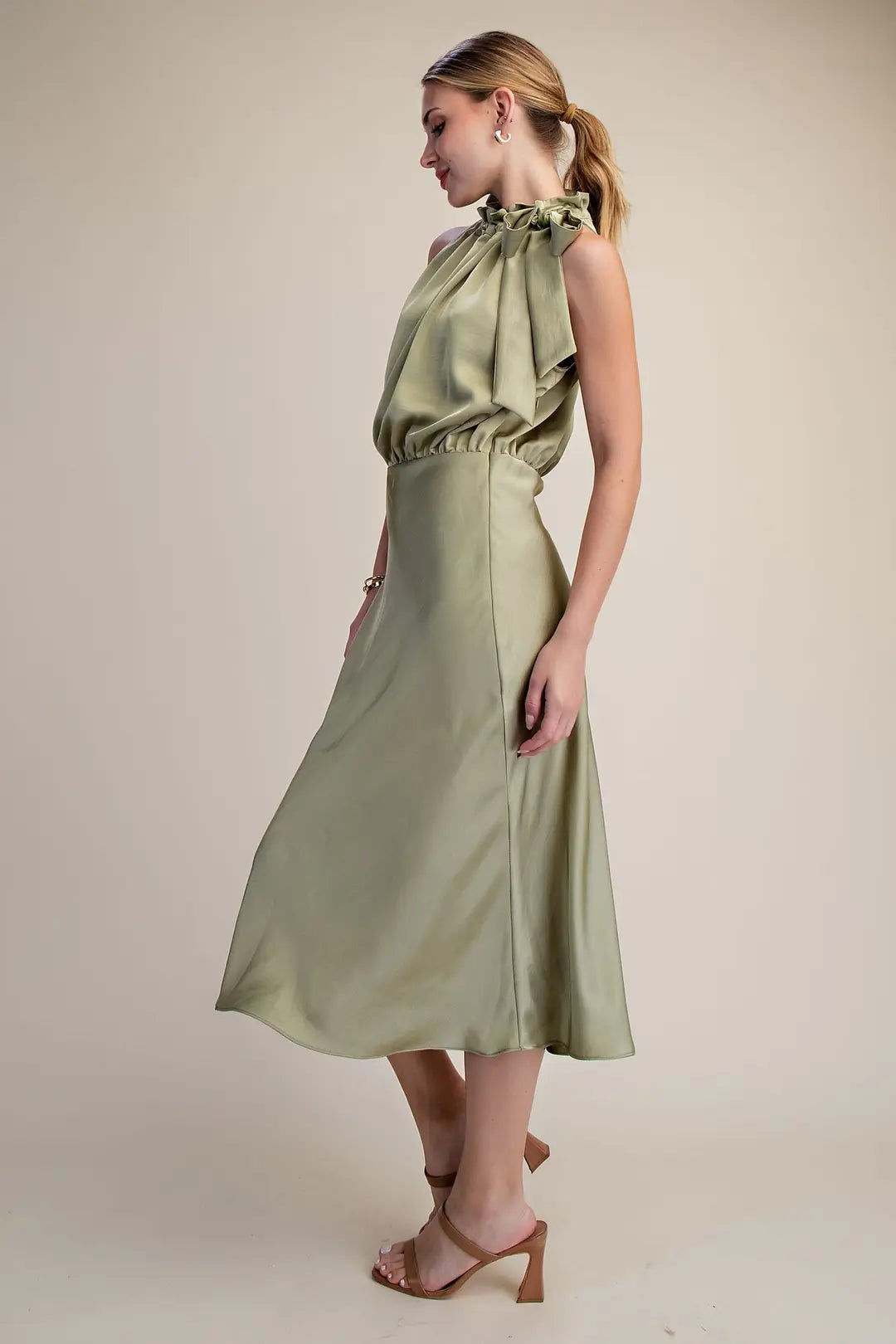 Sleeveless Midi Dress With Ruffle Tie Neck