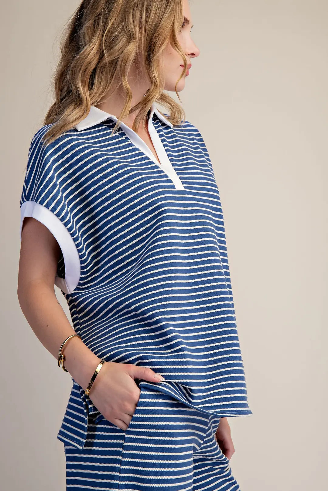 Oversized Pullover Top Collar Neck Textured Stripe
