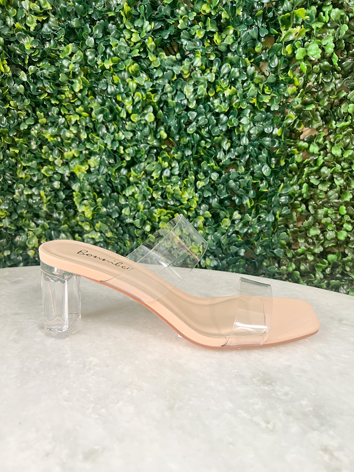 simply chic clear strap heels